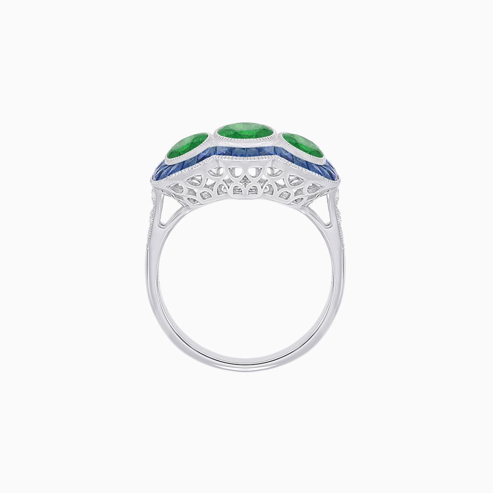 Art Deco Style Three-Stone Engagement Ring with Diamond and Gemstones - Shahin Jewelry
