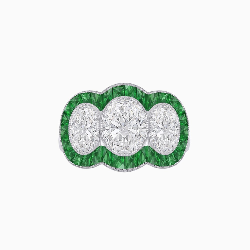 Art Deco Style Three-Stone Engagement Ring with Diamond and Gemstones - Shahin Jewelry
