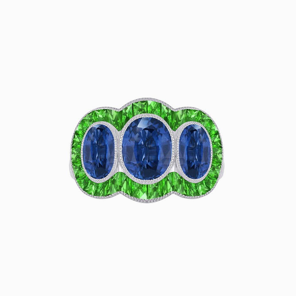 Art Deco Style Trilogy Ring with Tsavorite and Blue Sapphire - Shahin Jewelry