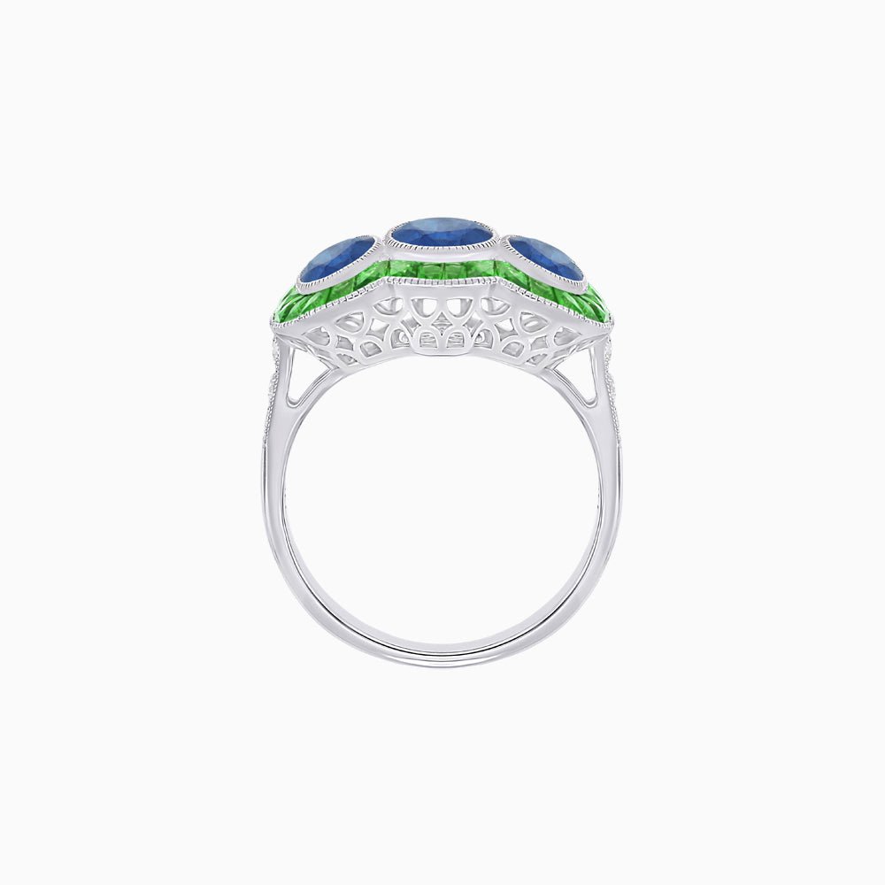 Art Deco Style Trilogy Ring with Tsavorite and Blue Sapphire - Shahin Jewelry