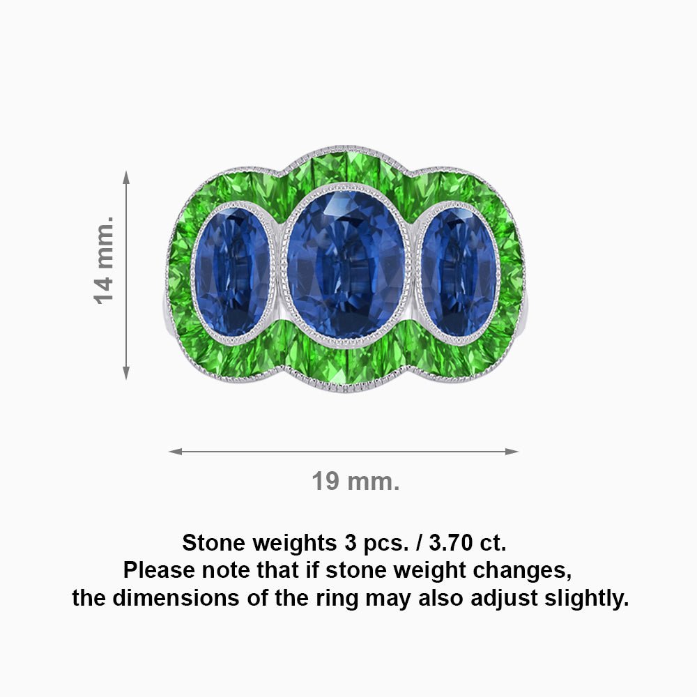 Art Deco Style Trilogy Ring with Tsavorite and Blue Sapphire - Shahin Jewelry