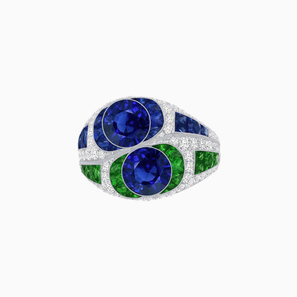 Art Deco Style Two-Ring Set with Round Center Stones and French-Cut Gemstone Accents - Shahin Jewelry