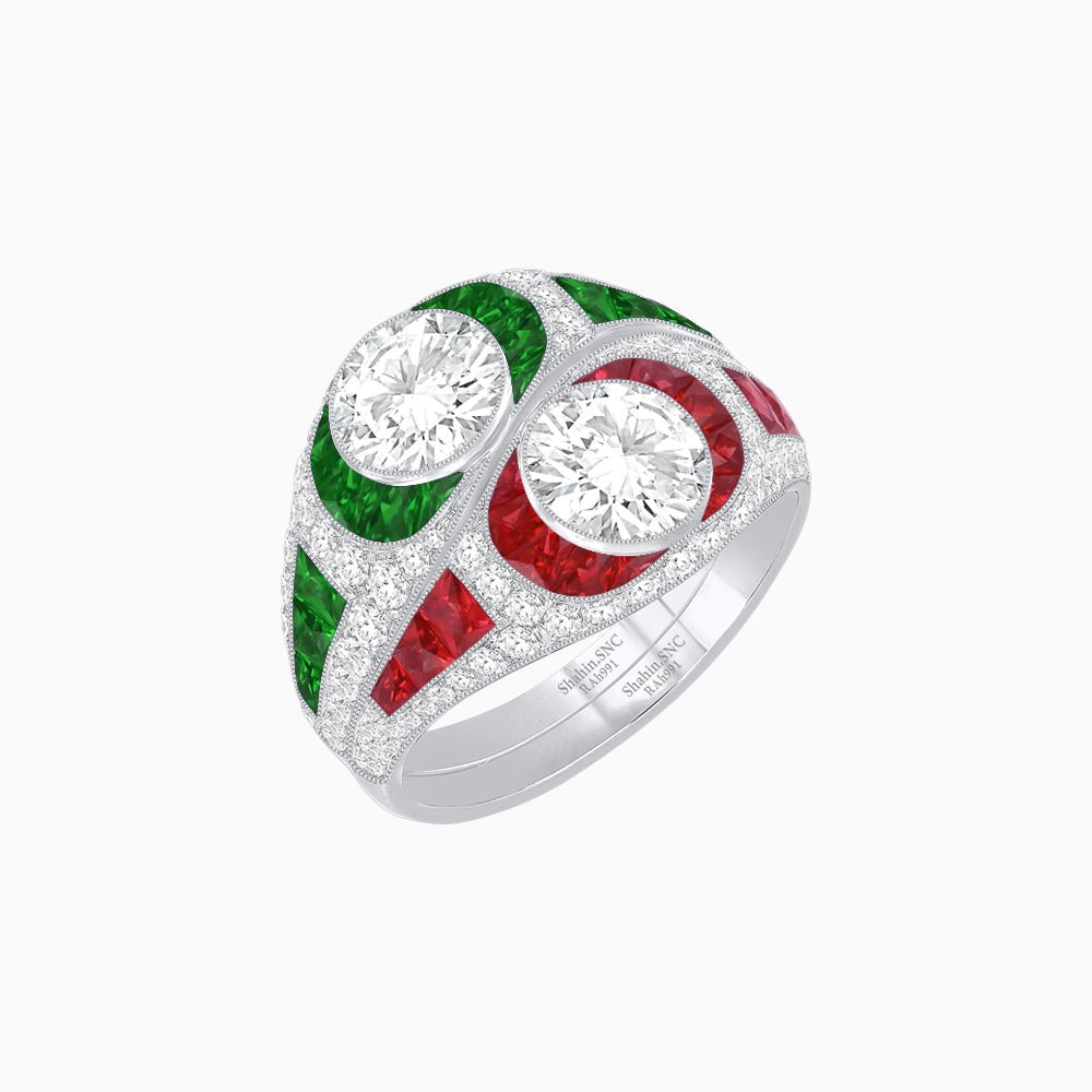 Art Deco Style Two-Ring Set with Round Center Stones and French-Cut Gemstone Accents - Shahin Jewelry