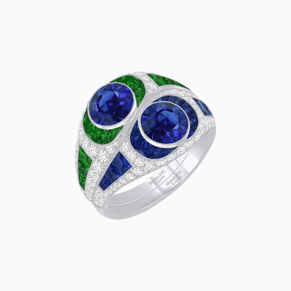 Art Deco Style Two-Ring Set with Round Center Stones and French-Cut Gemstone Accents - Shahin Jewelry