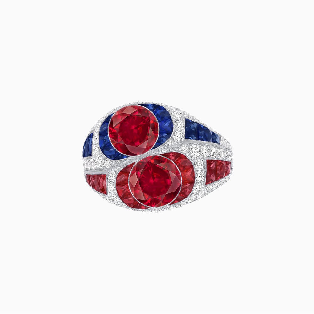 Art Deco Style Two-Ring Set with Round Center Stones and French-Cut Gemstone Accents - Shahin Jewelry