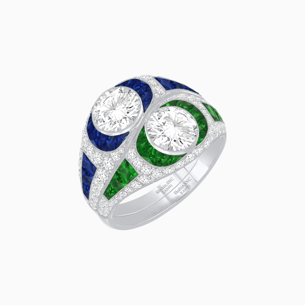 Art Deco Style Two-Ring Set with Round Center Stones and French-Cut Gemstone Accents - Shahin Jewelry