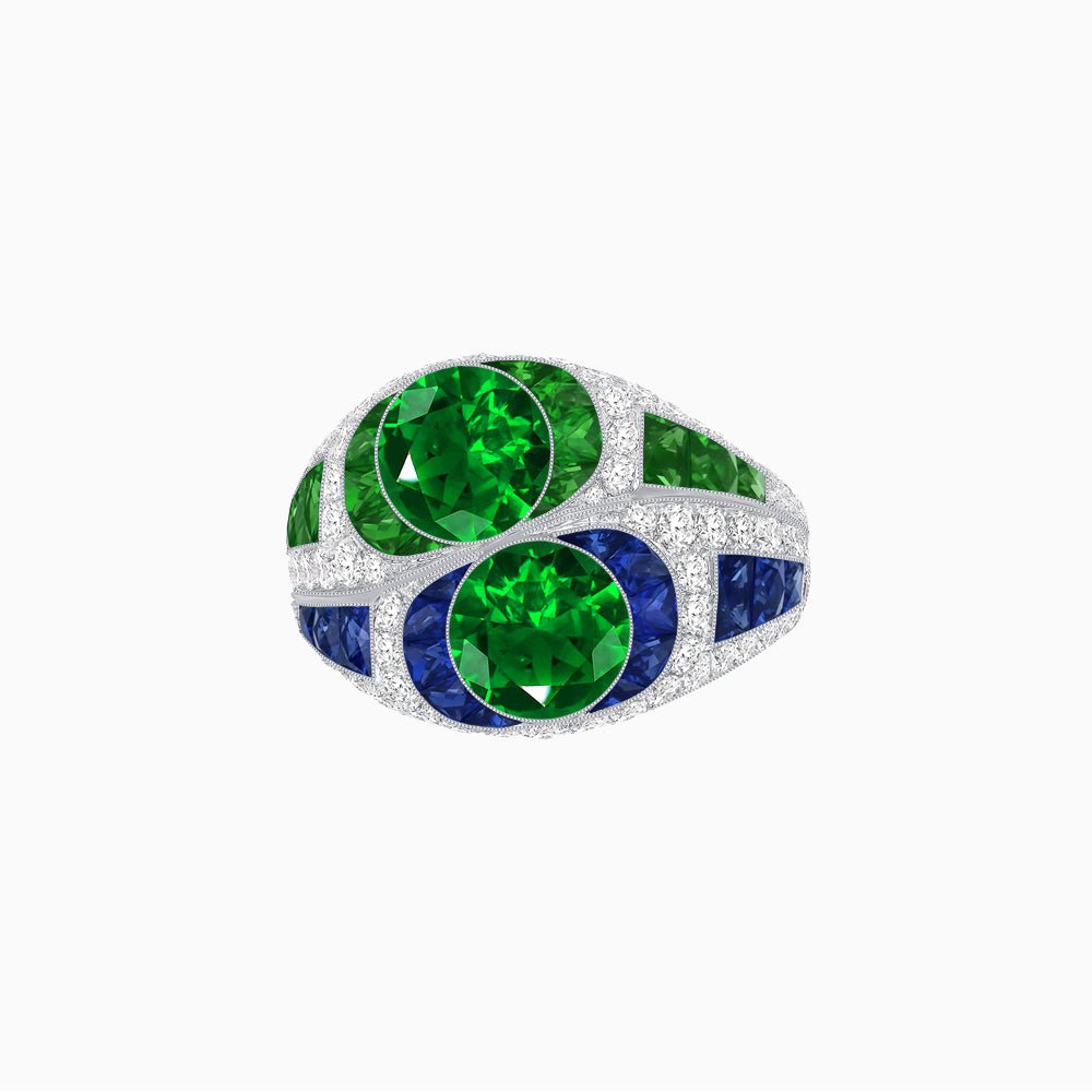 Art Deco Style Two-Ring Set with Round Center Stones and French-Cut Gemstone Accents - Shahin Jewelry
