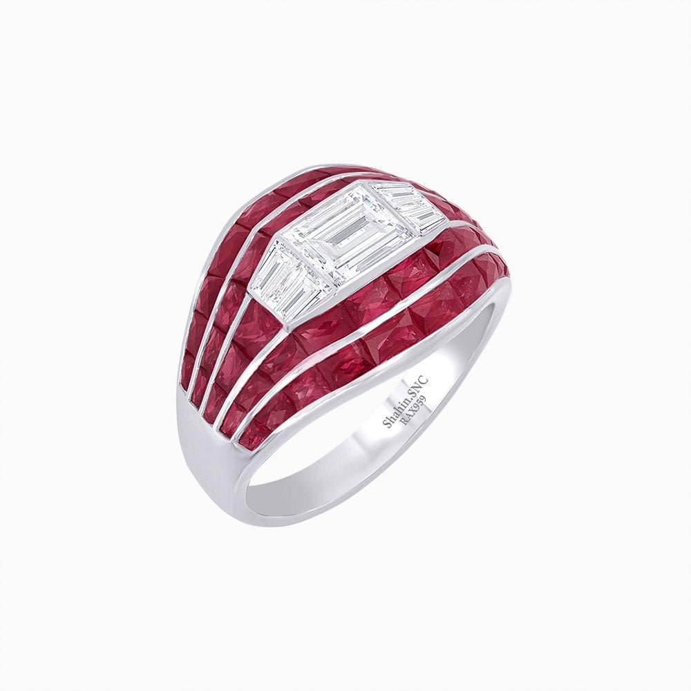 Art Deco - Style Wide Band Mounting with Channel - Set French - Cut Accents Custom Center Stone | Bold Geometry | Hand - Finished Craftsmanship - Shahin Jewelry