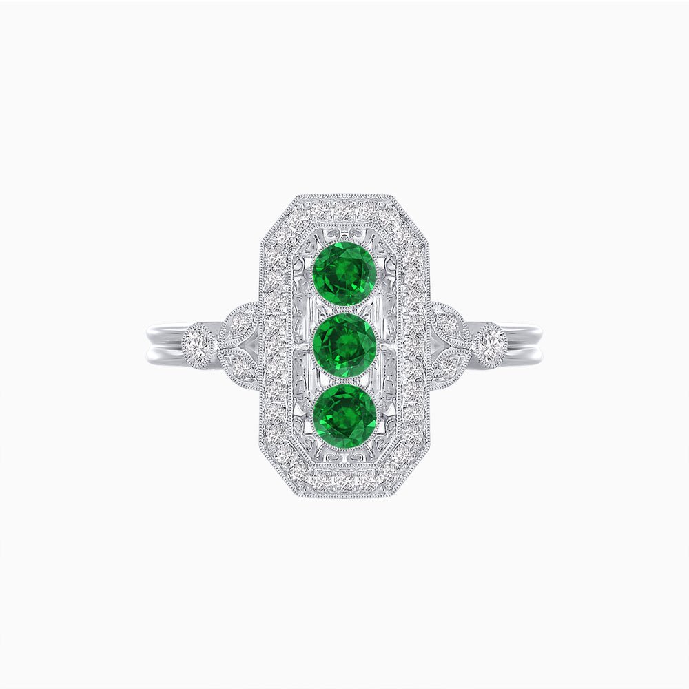 Art Deco Three - Stone Plaque Ring with Diamond Pavé Frame - Shahin Jewelry