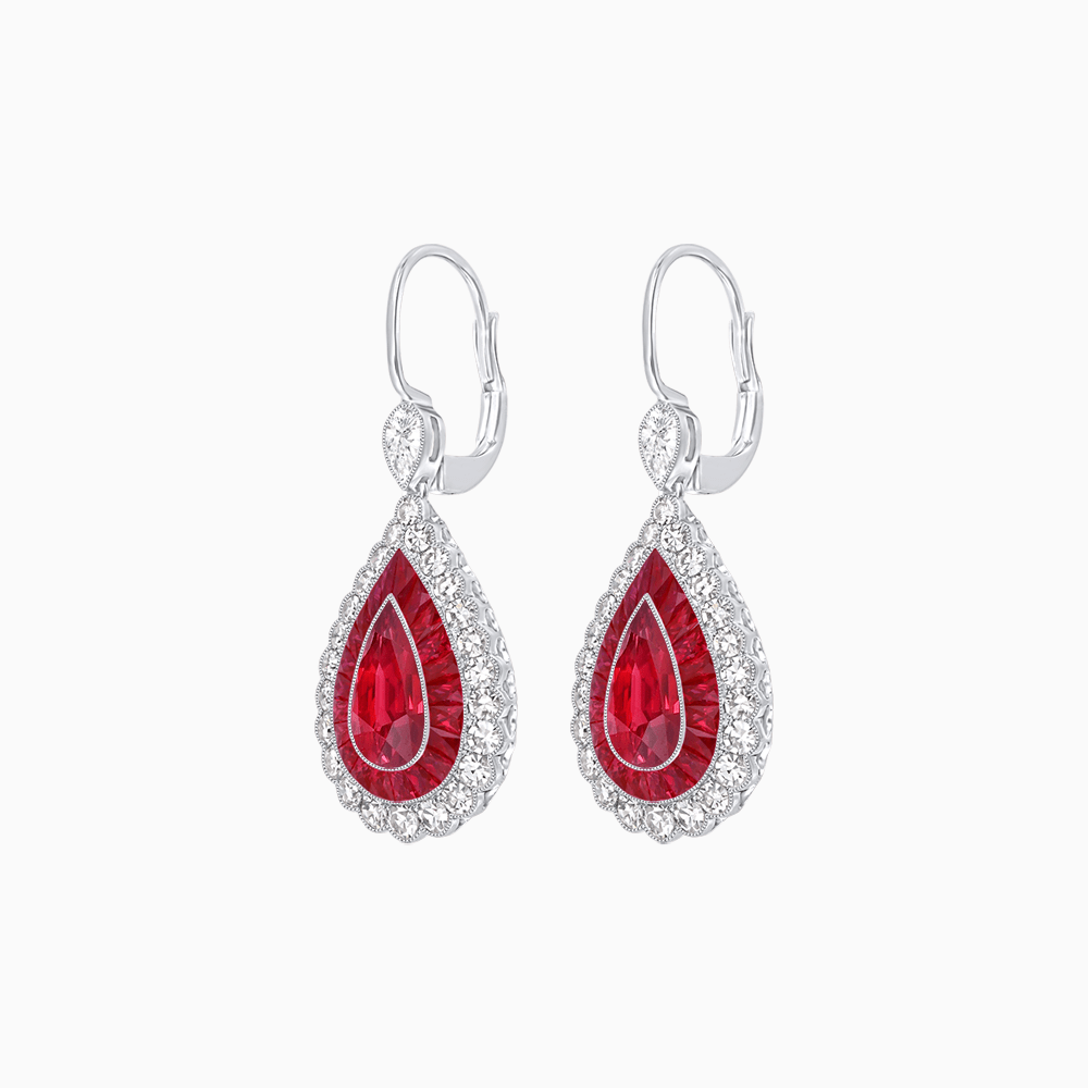 Art Deco–Inspired Double Halo Pear - Shaped Drop Earrings with Diamond and Gemstones Mounting - Shahin Jewelry