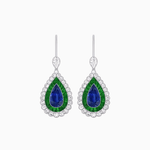 Load image into Gallery viewer, Art Deco–Inspired Double Halo Pear - Shaped Drop Earrings with Diamond and Gemstones Mounting - Shahin Jewelry
