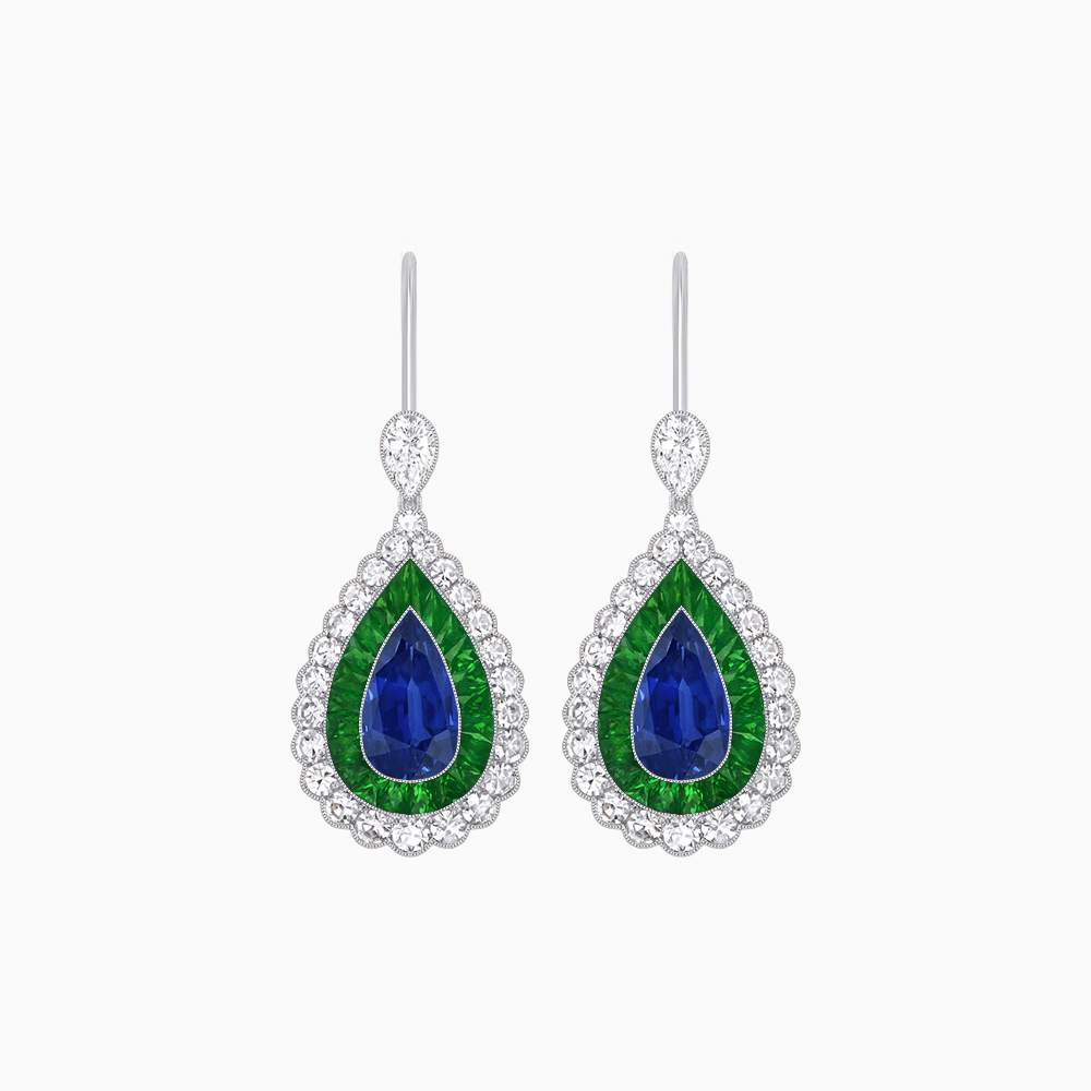 Art Deco–Inspired Double Halo Pear - Shaped Drop Earrings with Diamond and Gemstones Mounting - Shahin Jewelry