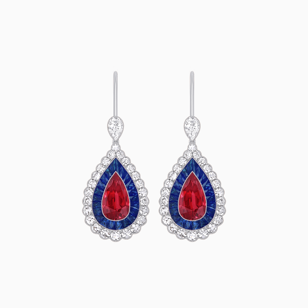 Art Deco–Inspired Double Halo Pear - Shaped Drop Earrings with Diamond and Gemstones Mounting - Shahin Jewelry