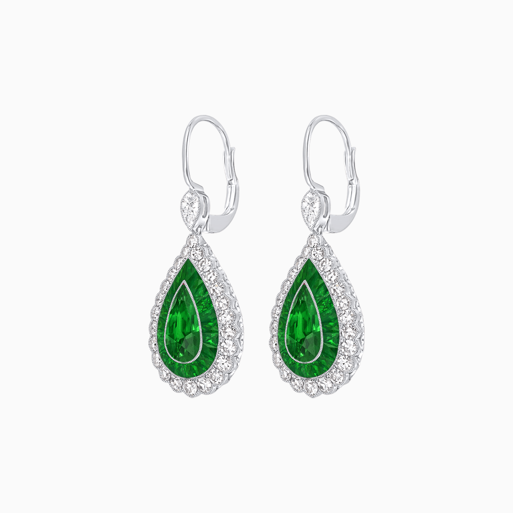 Art Deco–Inspired Double Halo Pear - Shaped Drop Earrings with Diamond and Gemstones Mounting - Shahin Jewelry