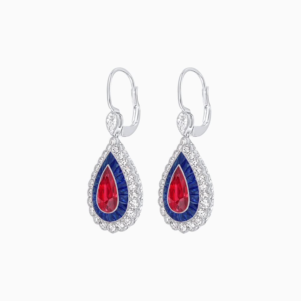 Art Deco–Inspired Double Halo Pear - Shaped Drop Earrings with Diamond and Gemstones Mounting - Shahin Jewelry