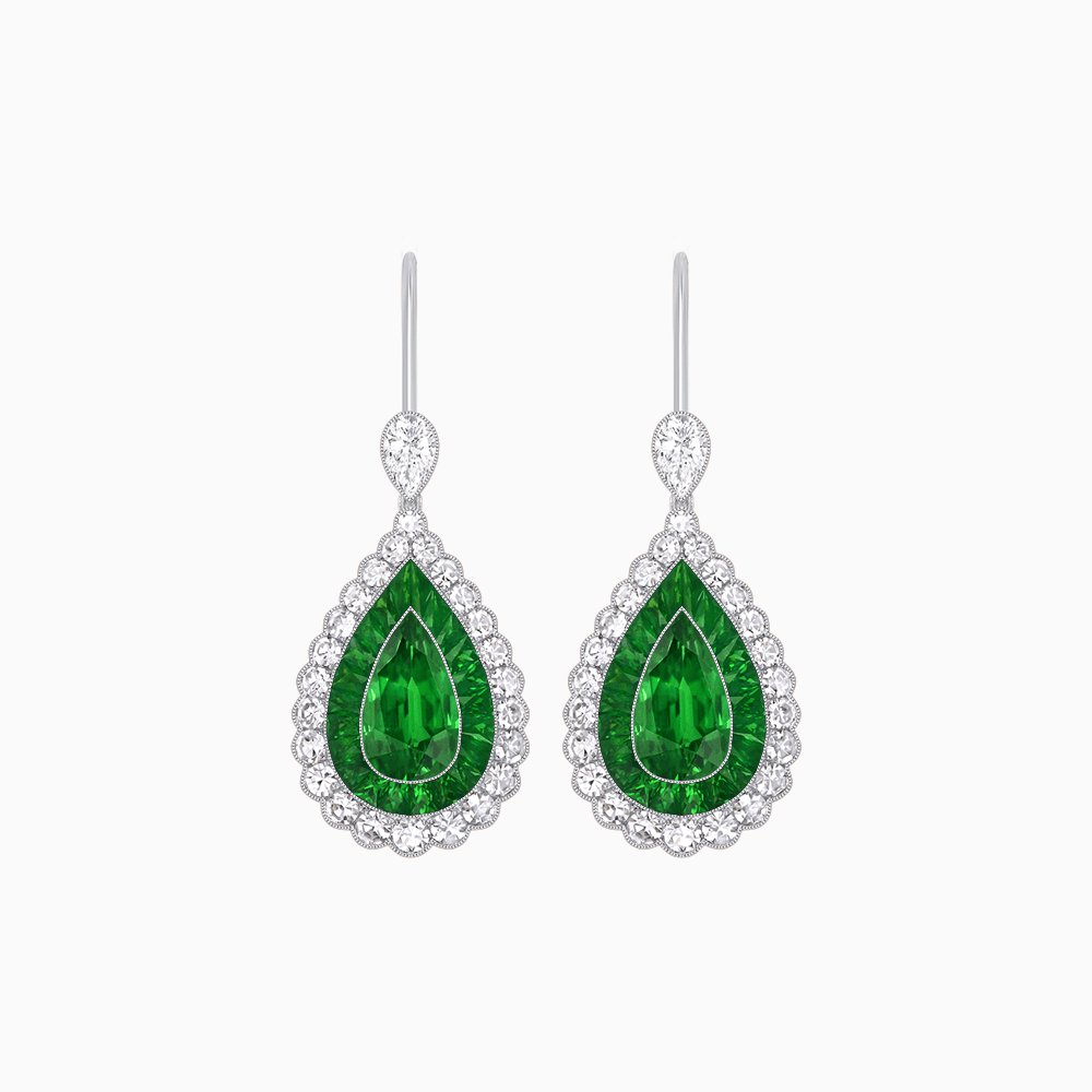 Art Deco–Inspired Double Halo Pear - Shaped Drop Earrings with Diamond and Gemstones Mounting - Shahin Jewelry