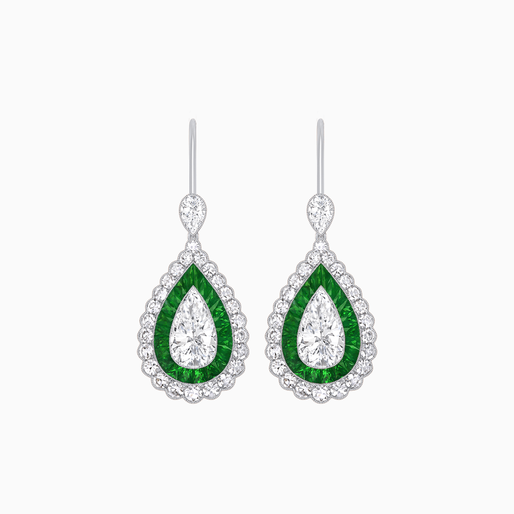 Art Deco–Inspired Double Halo Pear - Shaped Drop Earrings with Diamond and Gemstones Mounting - Shahin Jewelry
