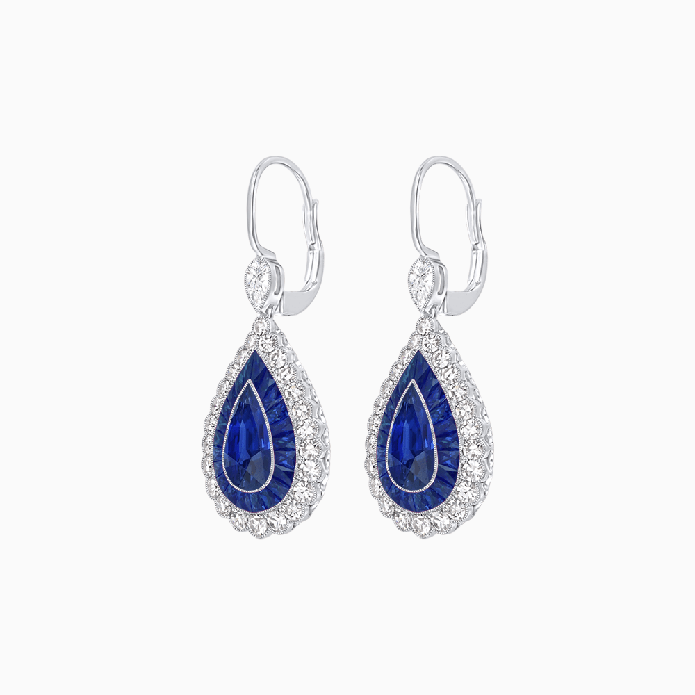 Art Deco–Inspired Double Halo Pear - Shaped Drop Earrings with Diamond and Gemstones Mounting - Shahin Jewelry