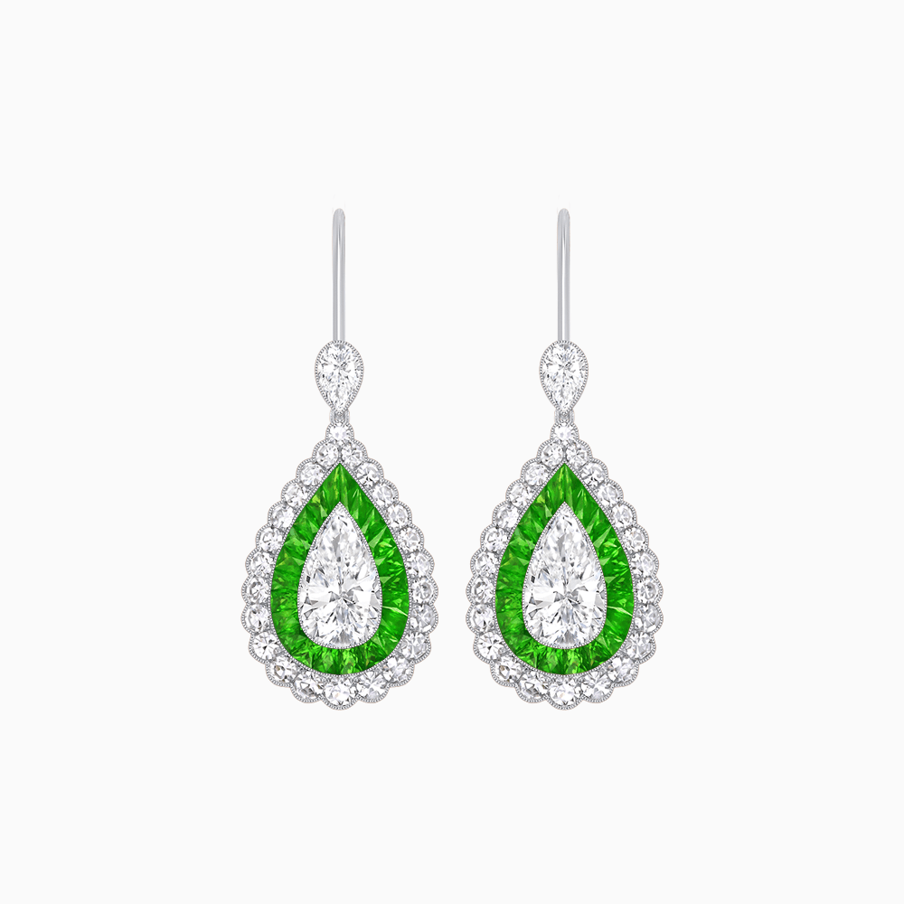 Art Deco–Inspired Double Halo Pear - Shaped Drop Earrings with Diamond and Gemstones Mounting - Shahin Jewelry