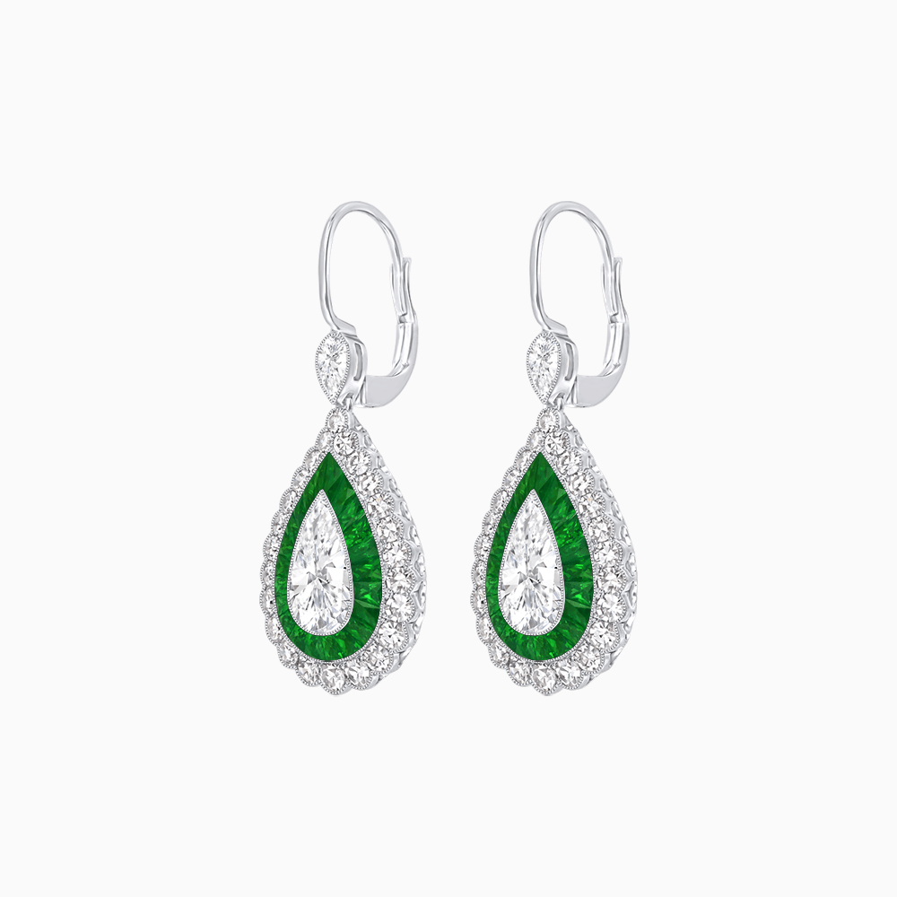 Art Deco–Inspired Double Halo Pear - Shaped Drop Earrings with Diamond and Gemstones Mounting - Shahin Jewelry