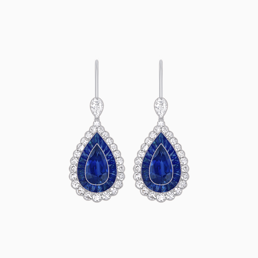 Art Deco–Inspired Double Halo Pear - Shaped Drop Earrings with Diamond and Gemstones Mounting - Shahin Jewelry