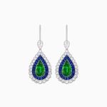 Load image into Gallery viewer, Art Deco–Inspired Double Halo Pear - Shaped Drop Earrings with Diamond and Gemstones Mounting - Shahin Jewelry
