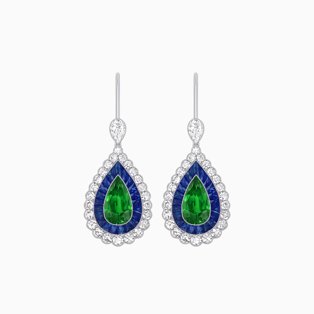 Art Deco–Inspired Double Halo Pear - Shaped Drop Earrings with Diamond and Gemstones Mounting - Shahin Jewelry