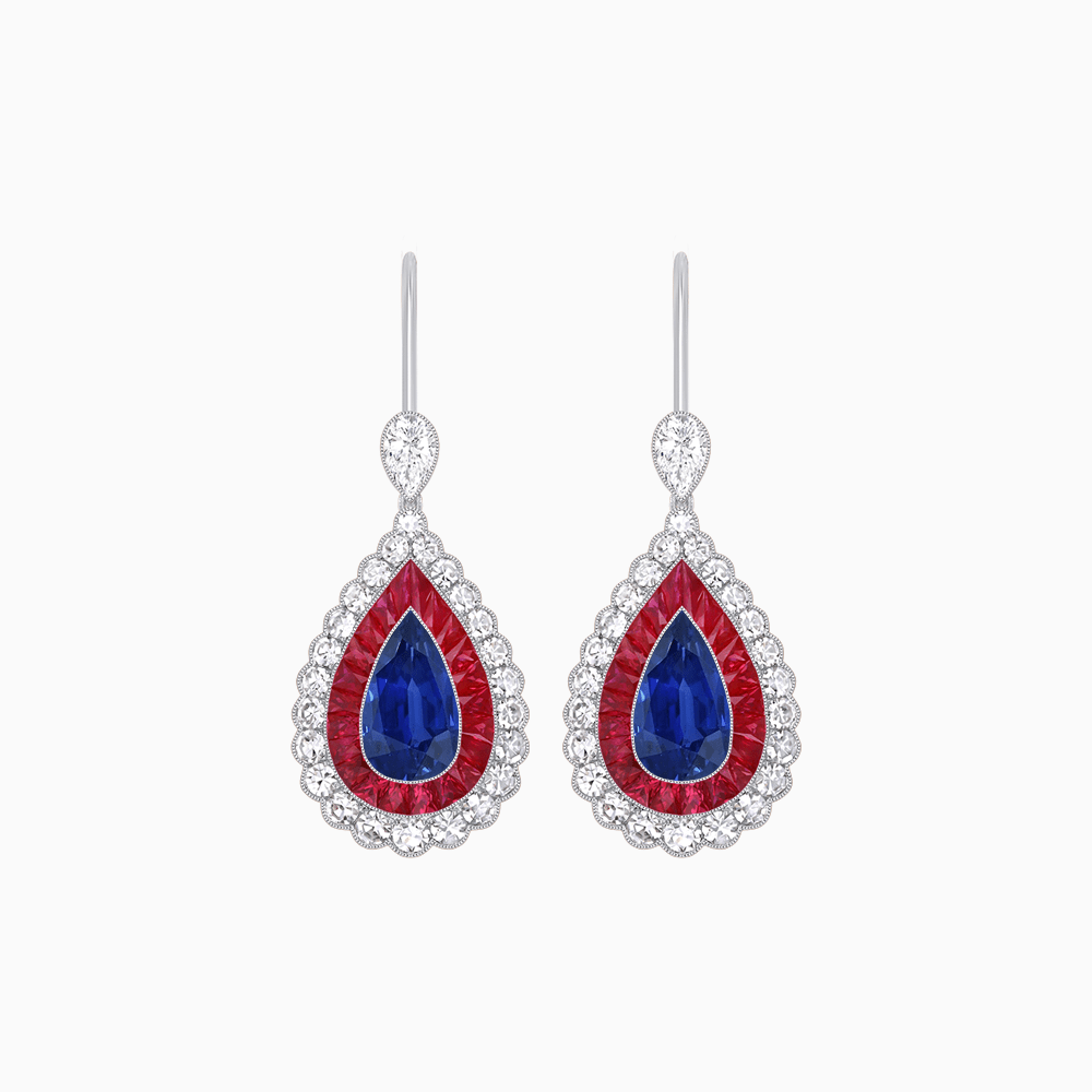 Art Deco–Inspired Double Halo Pear - Shaped Drop Earrings with Diamond and Gemstones Mounting - Shahin Jewelry