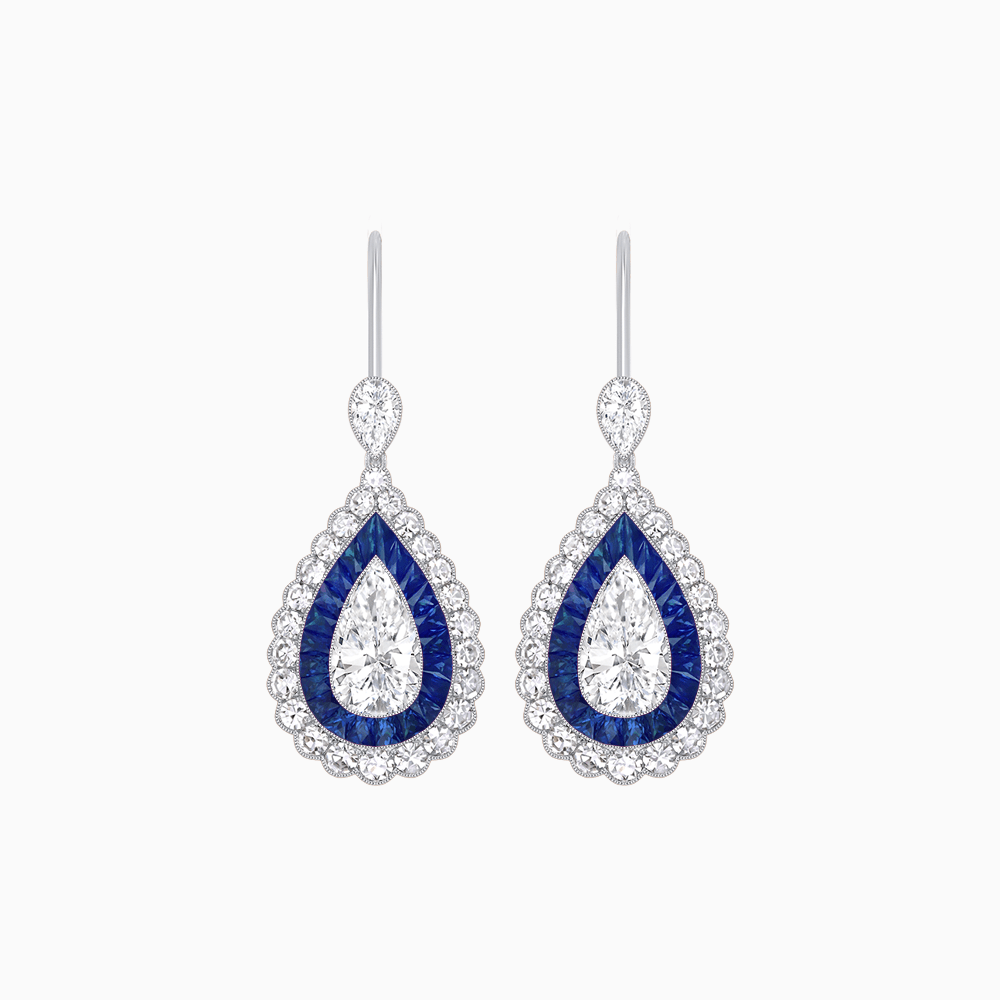 Art Deco–Inspired Double Halo Pear - Shaped Drop Earrings with Diamond and Gemstones Mounting - Shahin Jewelry