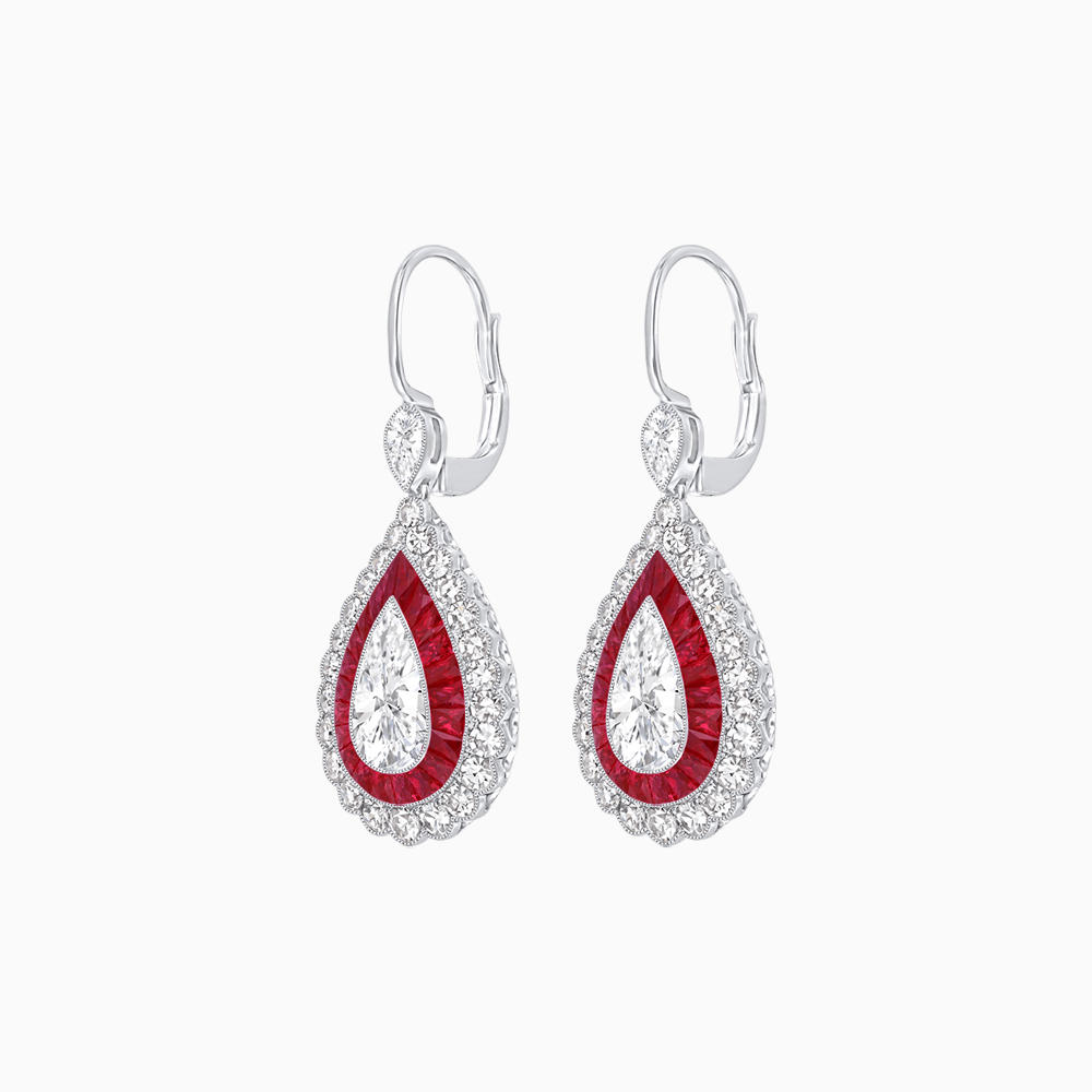 Art Deco–Inspired Double Halo Pear - Shaped Drop Earrings with Diamond and Gemstones Mounting - Shahin Jewelry