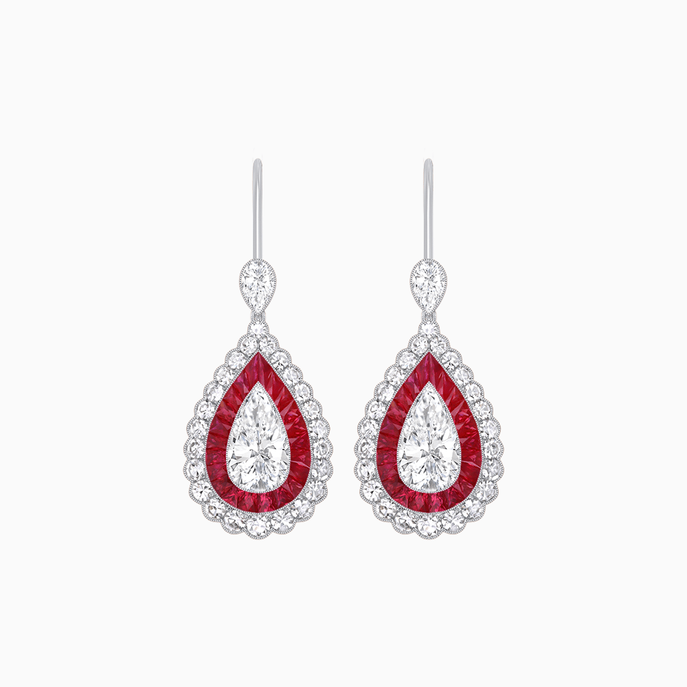 Art Deco–Inspired Double Halo Pear - Shaped Drop Earrings with Diamond and Gemstones Mounting - Shahin Jewelry