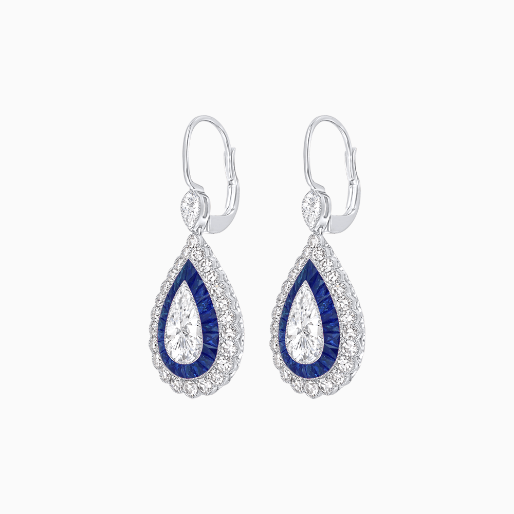 Art Deco–Inspired Double Halo Pear - Shaped Drop Earrings with Diamond and Gemstones Mounting - Shahin Jewelry