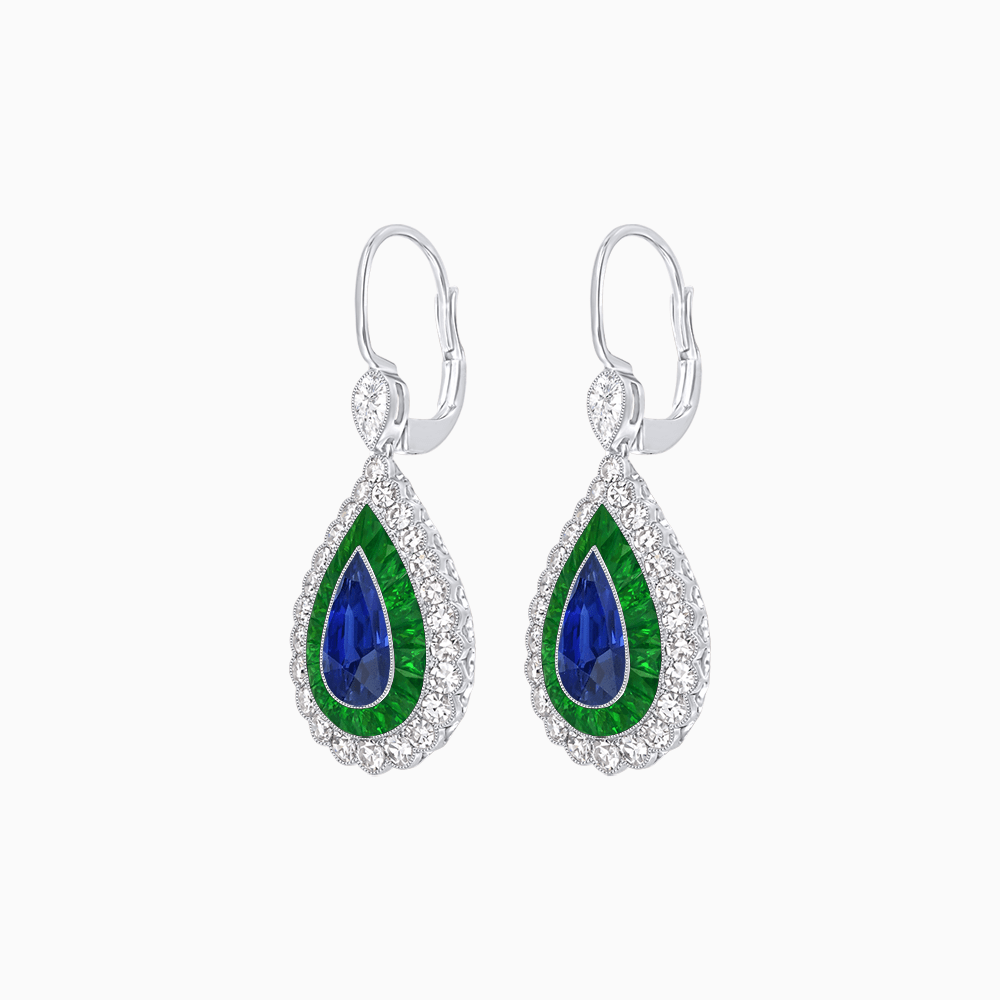 Art Deco–Inspired Double Halo Pear - Shaped Drop Earrings with Diamond and Gemstones Mounting - Shahin Jewelry