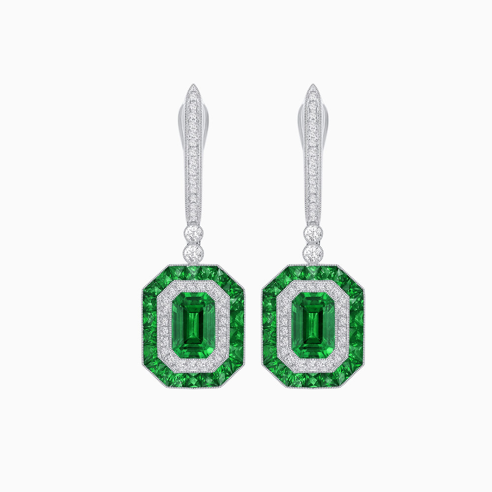 Art Deco–Inspired Mounting Emerald Cut Drop Earrings with Diamonds and Gemstones - Shahin Jewelry