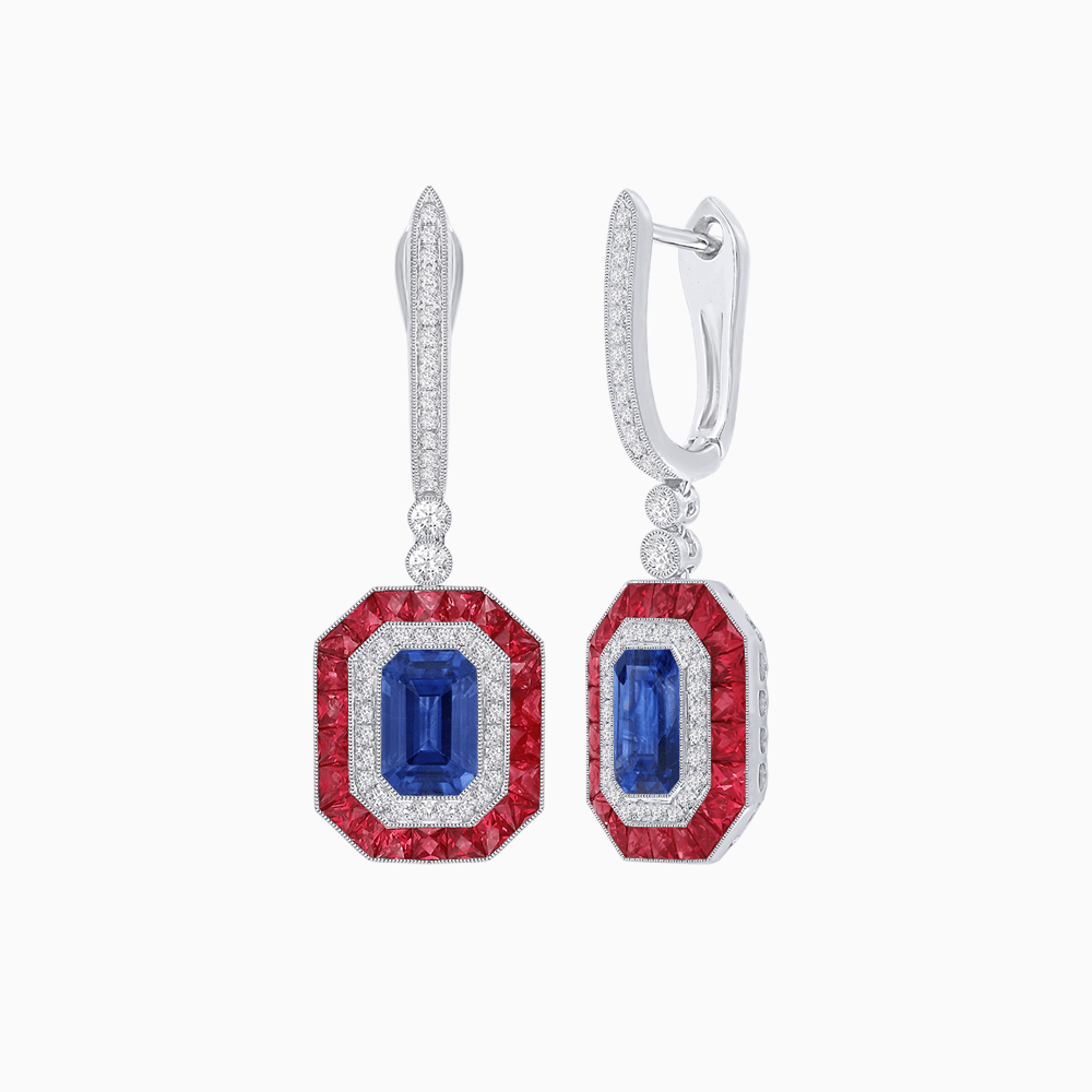 Art Deco–Inspired Mounting Emerald Cut Drop Earrings with Diamonds and Gemstones - Shahin Jewelry
