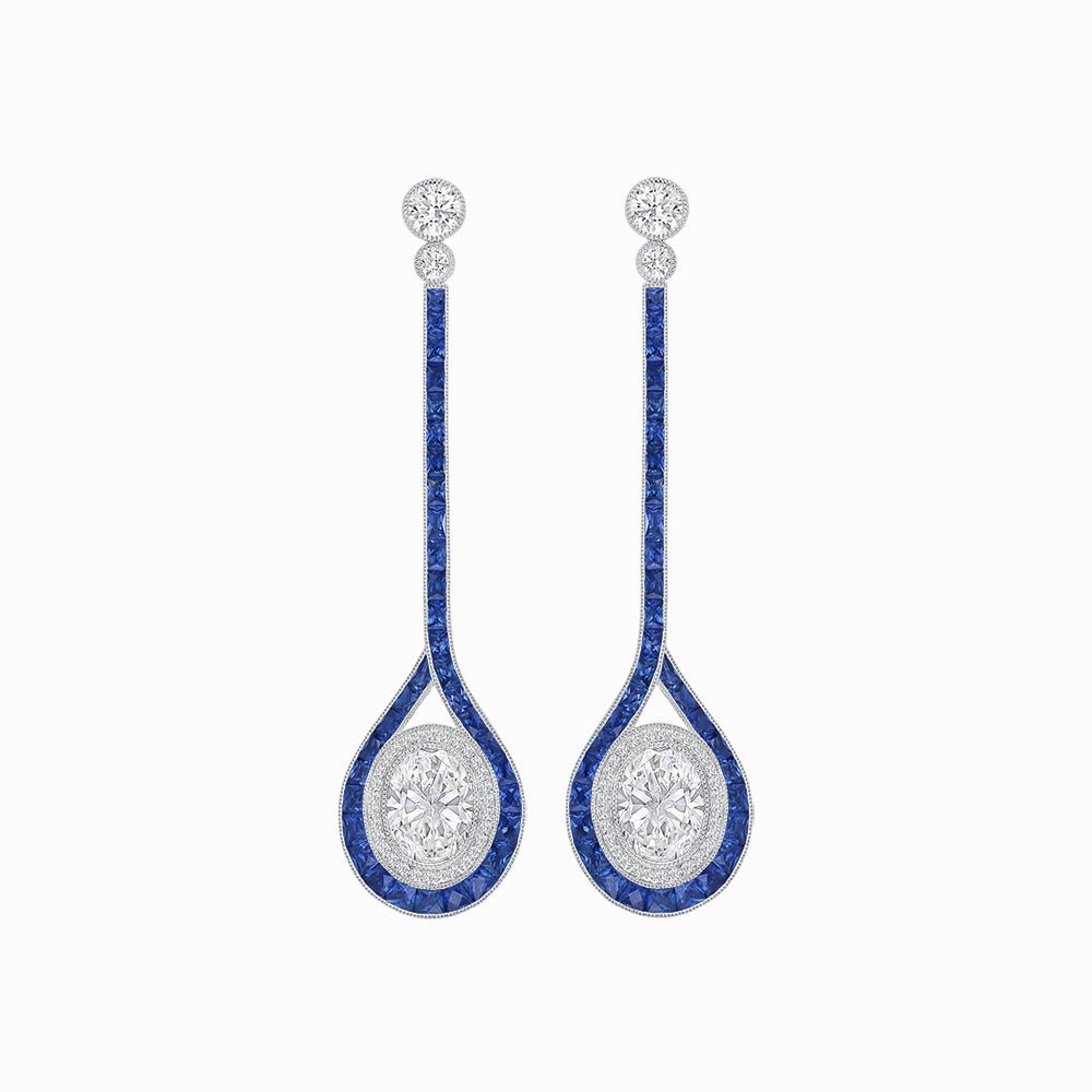 Ballroom Double Halo Dangle Earrings , Oval Mounting with Diamond and Gemstone - Shahin Jewelry