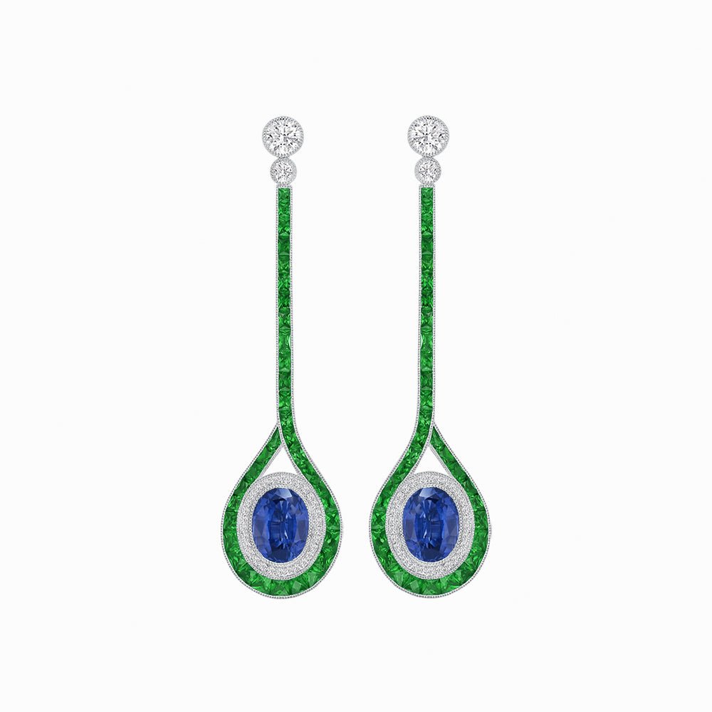 Ballroom Double Halo Dangle Earrings , Oval Mounting with Diamond and Gemstone - Shahin Jewelry
