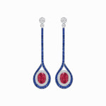 Load image into Gallery viewer, Ballroom Double Halo Dangle Earrings , Oval Mounting with Diamond and Gemstone - Shahin Jewelry
