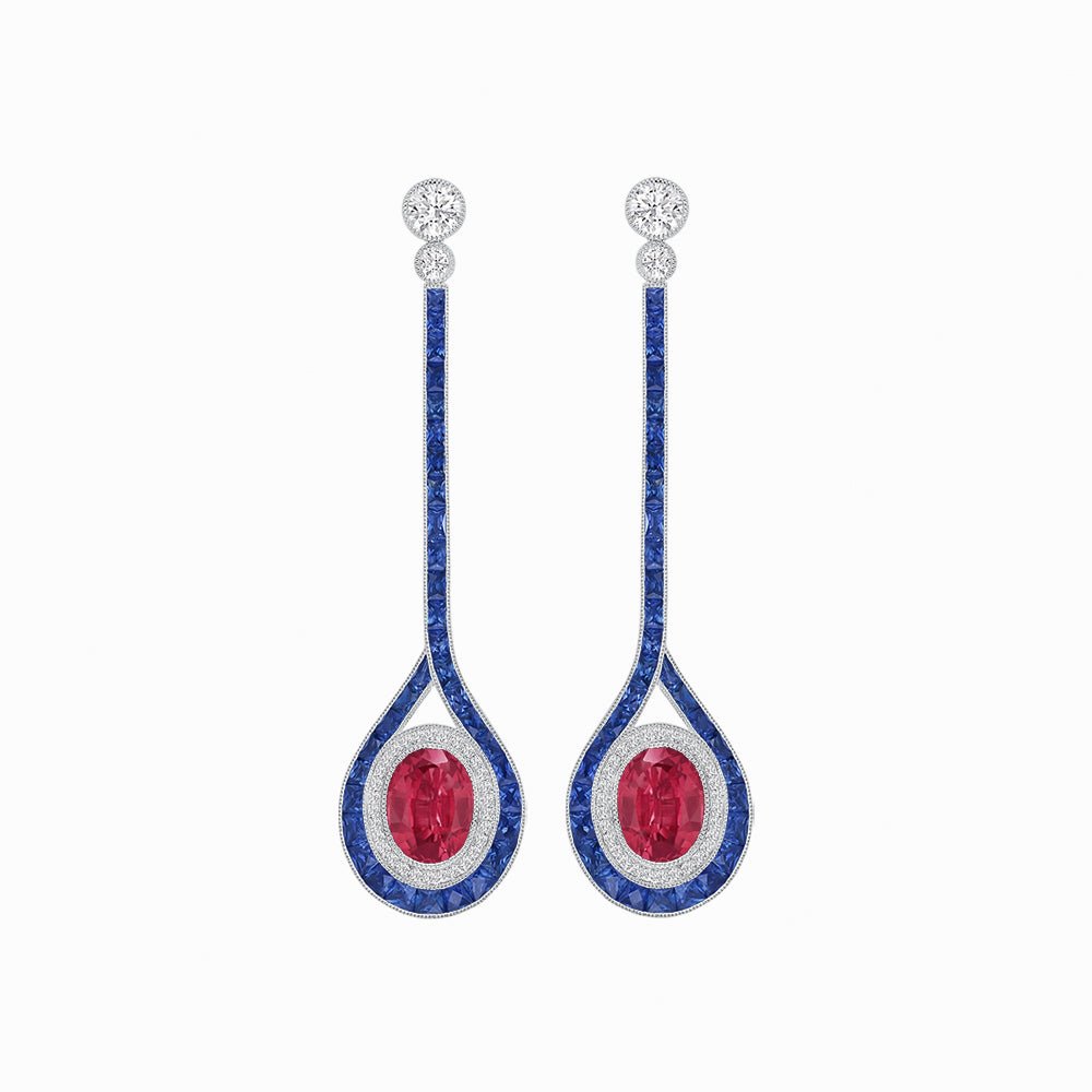 Ballroom Double Halo Dangle Earrings , Oval Mounting with Diamond and Gemstone - Shahin Jewelry