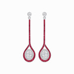 Load image into Gallery viewer, Ballroom Double Halo Dangle Earrings , Oval Mounting with Diamond and Gemstone - Shahin Jewelry
