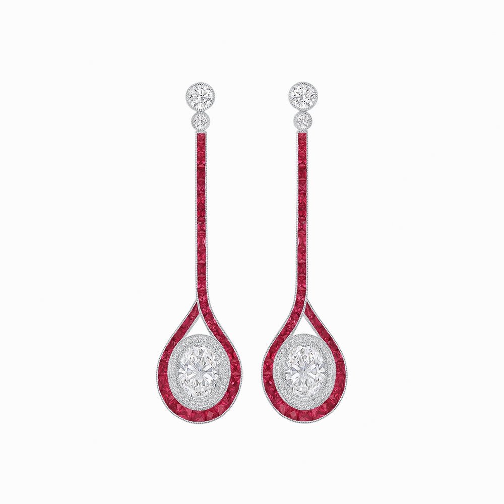 Ballroom Double Halo Dangle Earrings , Oval Mounting with Diamond and Gemstone - Shahin Jewelry