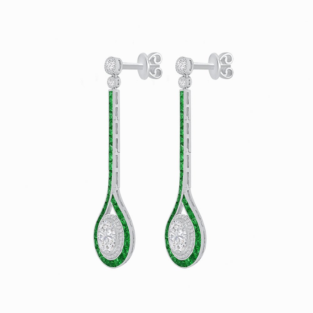 Ballroom Double Halo Dangle Earrings , Oval Mounting with Diamond and Gemstone - Shahin Jewelry