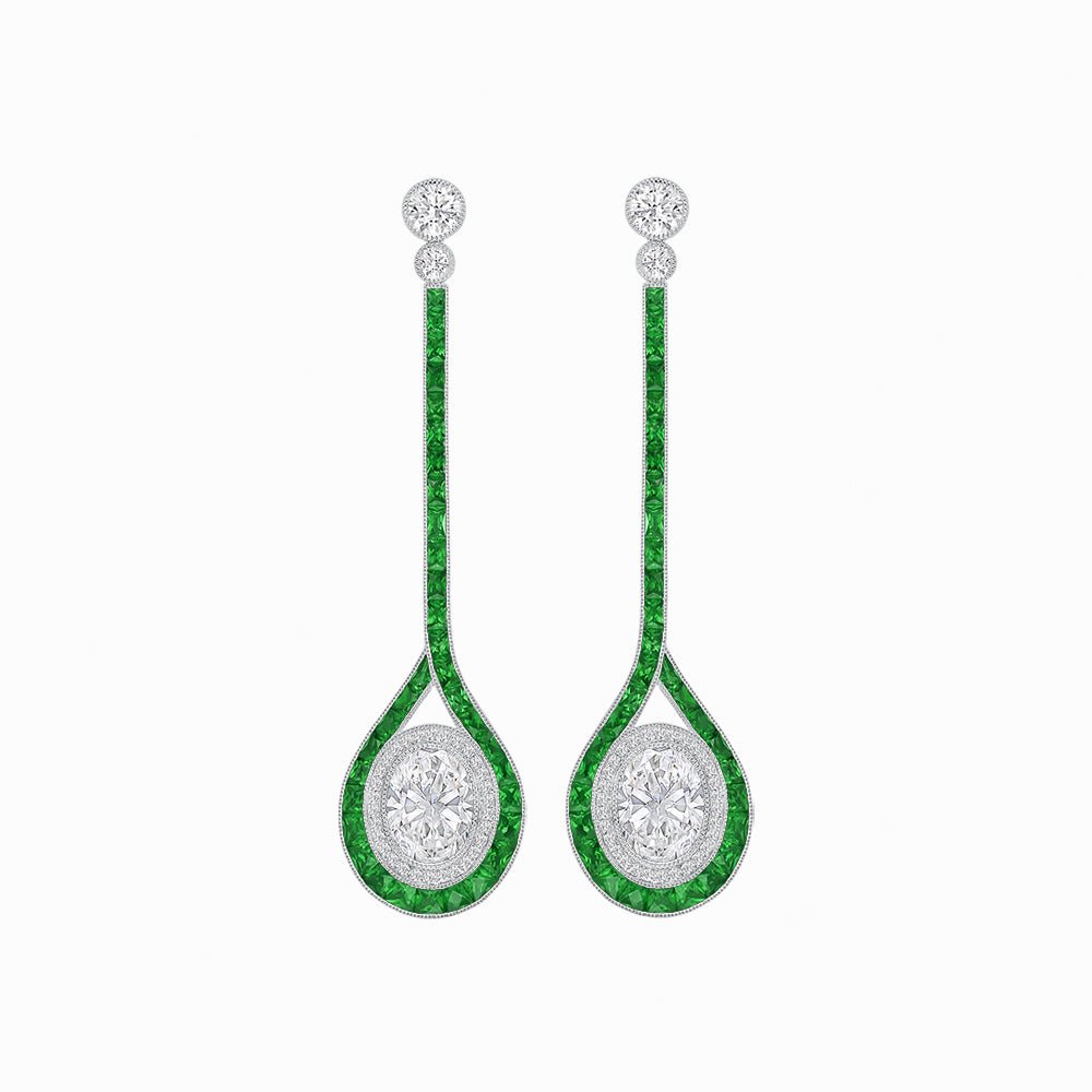 Ballroom Double Halo Dangle Earrings , Oval Mounting with Diamond and Gemstone - Shahin Jewelry