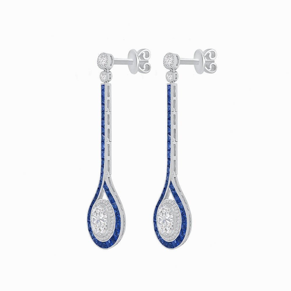 Ballroom Double Halo Dangle Earrings , Oval Mounting with Diamond and Gemstone - Shahin Jewelry