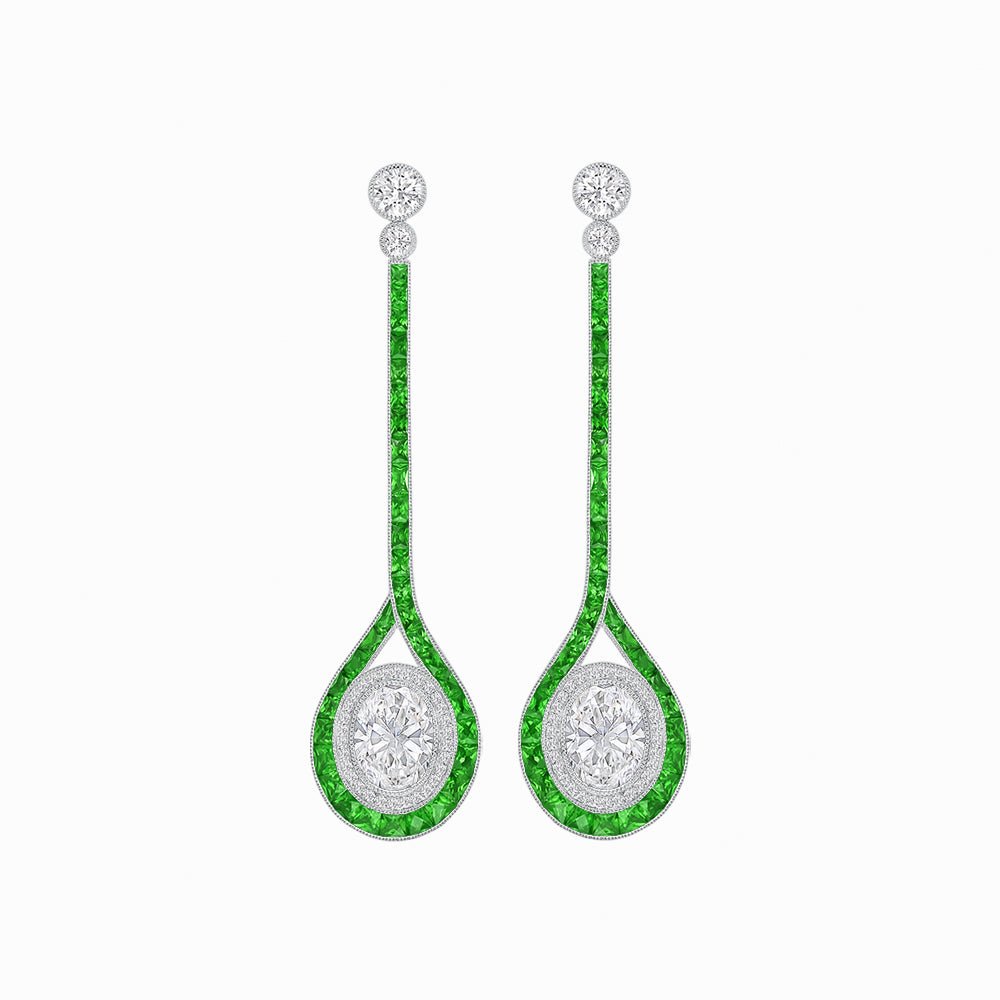 Ballroom Double Halo Dangle Earrings , Oval Mounting with Diamond and Gemstone - Shahin Jewelry