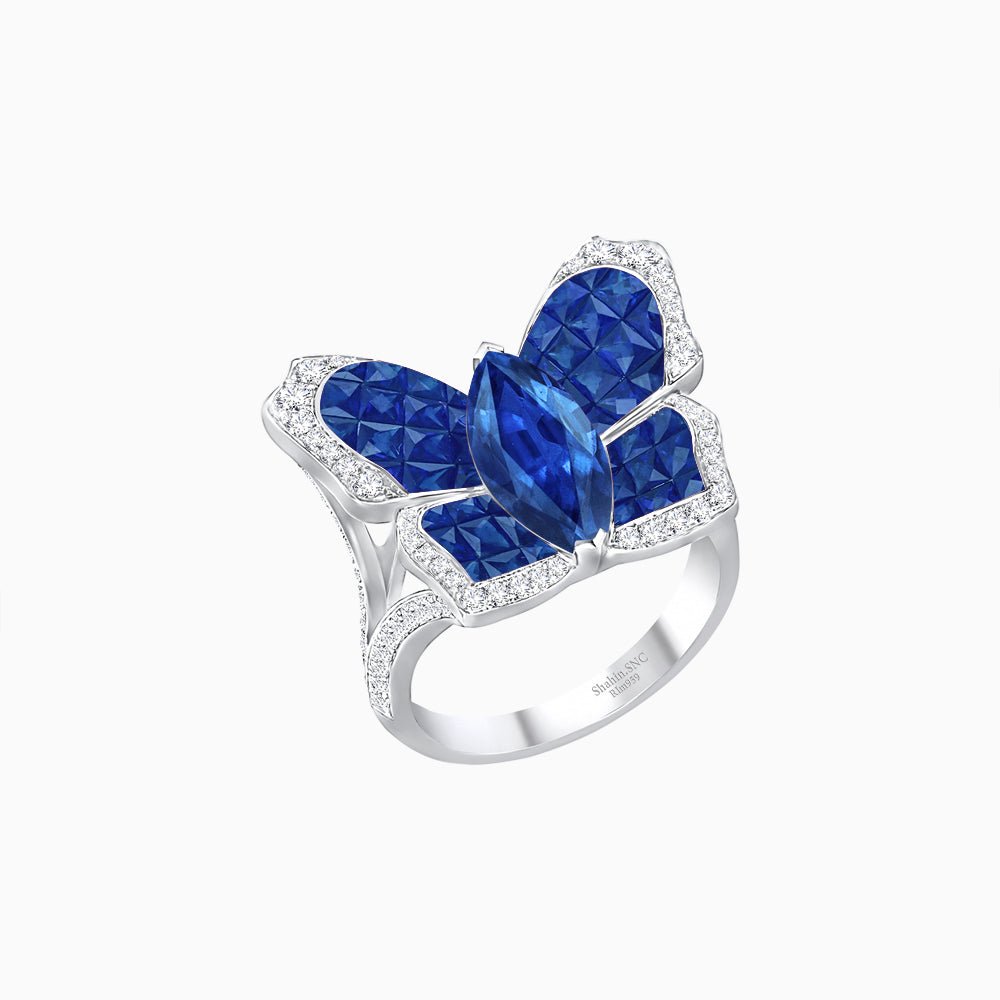 Butterfly Inspired Marquise Cocktail Ring with Invisible-Set Calibré-Cut Gemstones - Shahin Jewelry