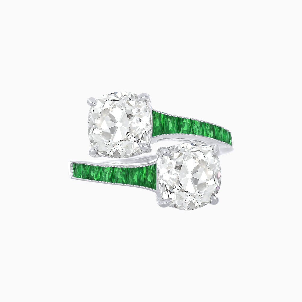 Bypass Toi et Moi Ring with Cushion Cut Gemstones and French-Cut Accents - Shahin Jewelry