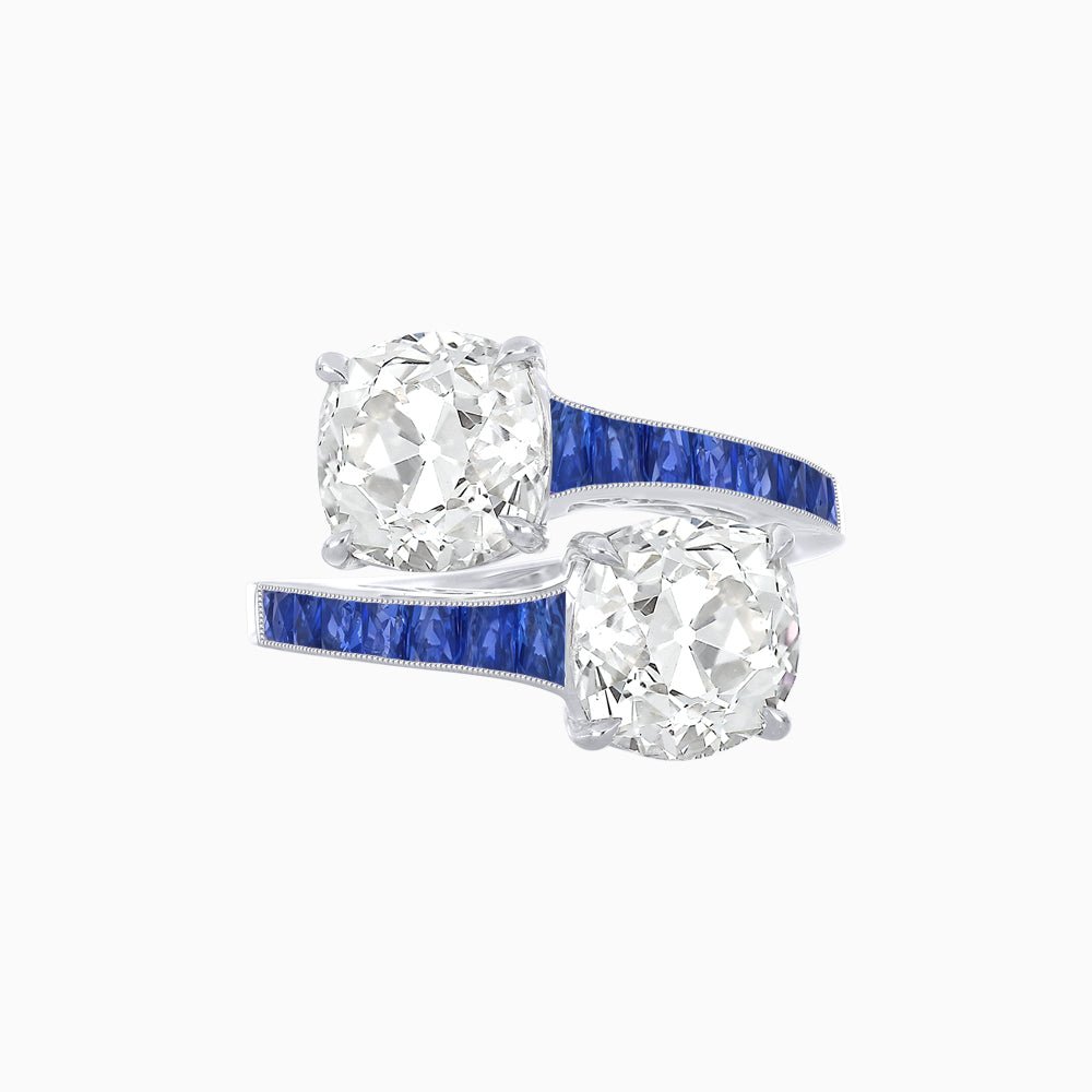 Bypass Toi et Moi Ring with Cushion Cut Gemstones and French-Cut Accents - Shahin Jewelry