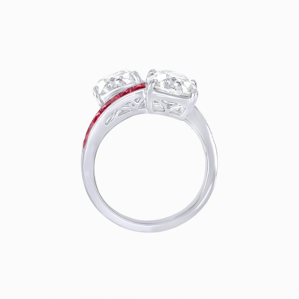 Bypass Toi et Moi Ring with Cushion Cut Gemstones and French-Cut Accents - Shahin Jewelry