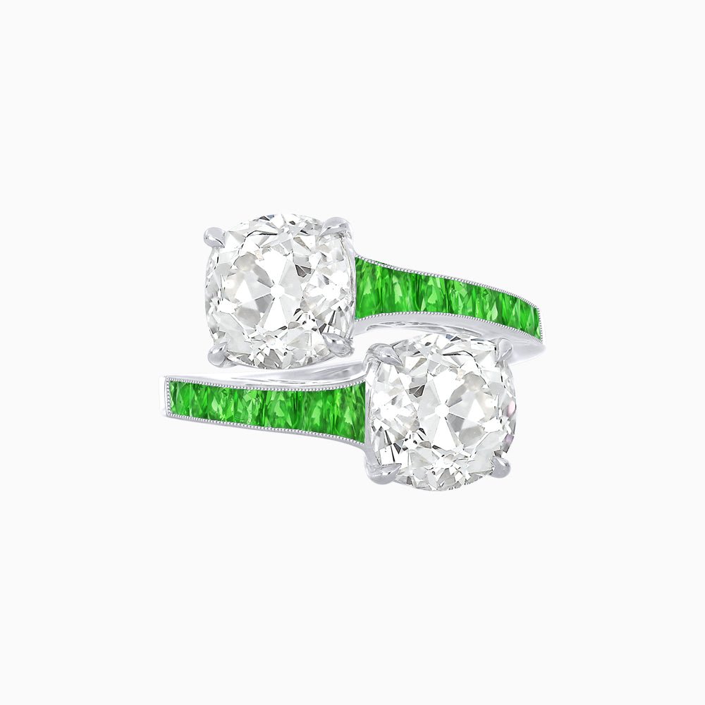 Bypass Toi et Moi Ring with Cushion Cut Gemstones and French-Cut Accents - Shahin Jewelry